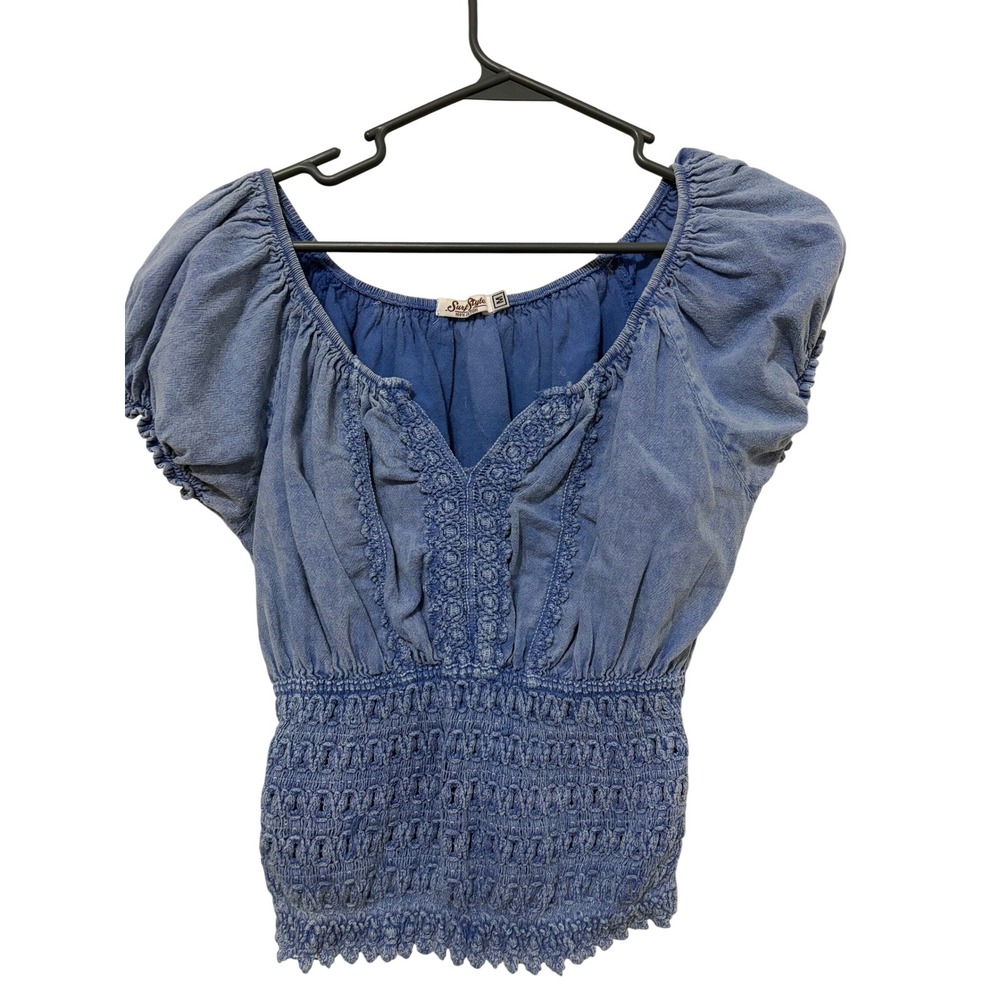 SunStyle Blue Cotton Smocked Peasant Blouse Crochet Lace Puff Sleeve Top Medium